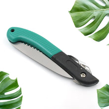 Compact folding handsaw for tree trimming, wood cutting, and PVC, suitable for camping.