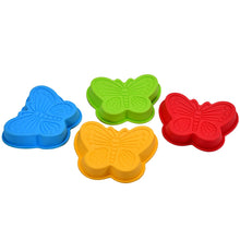 Pack of 4 butterfly-shaped silicone baking cups, safe for microwave and oven use.