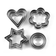 Assorted shape cookie cutters including heart, star, and flower